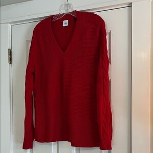 CAbi Red V-Neck Sweater with Cable Knit Sleeves